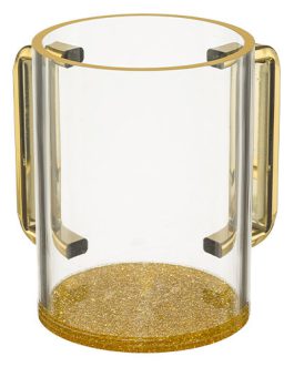 נטלה פרספקס מהודרת שקופה עם גליטר זהב וידיות זהב 13 ס"מ
